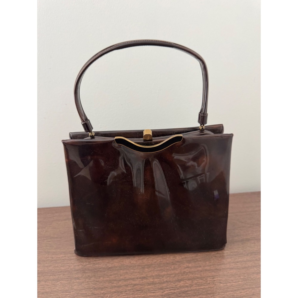 Vintage Lewis Tortoise Shell Patent Leather Handbag 1950s 60s Top Handle Bag